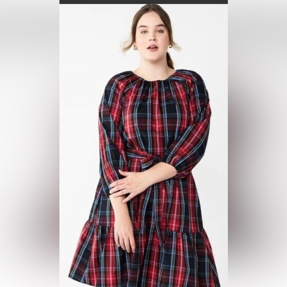 Draper James Red and Navy Plaid Long-Sleeve Dress